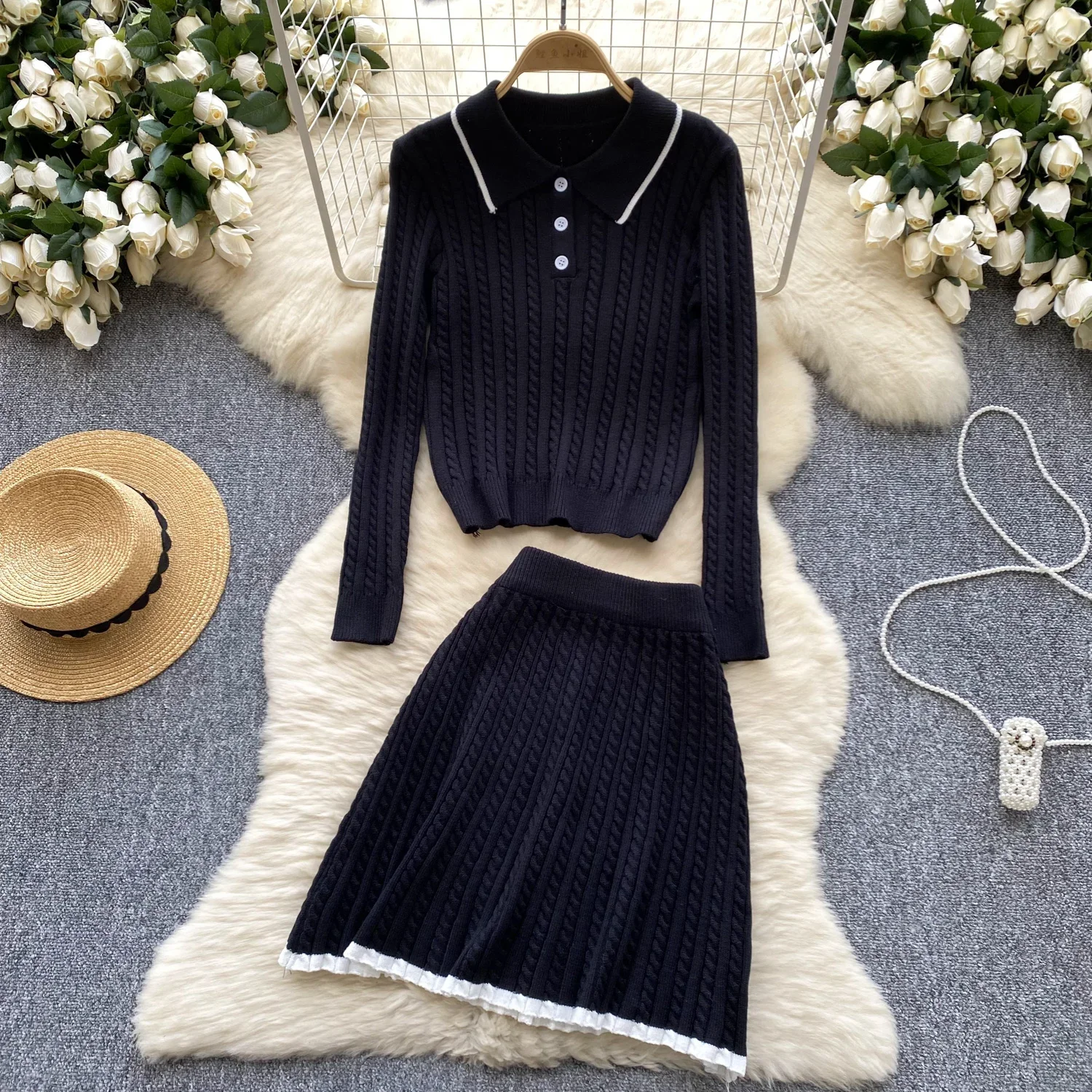 Chic Women Two-Piece Sets Turn-down Collar Button Long Sleeve Top High Waist Short A-line Skirt Korean Fashion Autumn Clothing