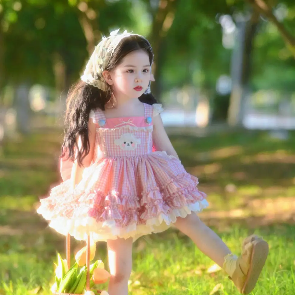 

Summer Girls Korea Birthday Lace Pink Cute Plaid Wedding Ball Gown Bow Party Dress Princess Floral Baby Children Lolita Skirts