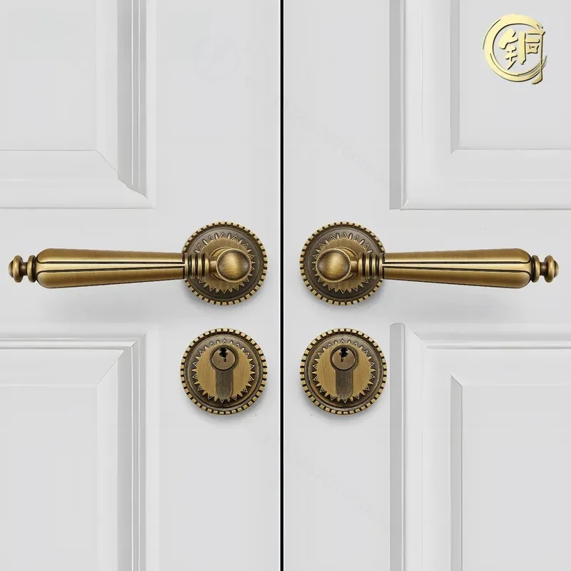 French Retro All Copper Indoor Door Lock Light Luxury Double Door Bedroom Meeting Room Office Brass Door Lock