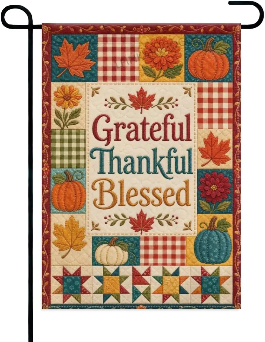 Gratitude Harvest Garden Flag Patchwork Quilt Pumpkins Leaves and Border Grateful Thankful Blessed 12x18 Inch Double Sided P xxl