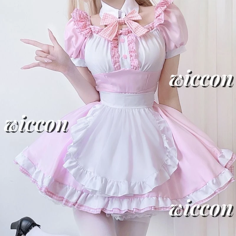 Japanese Lovely Maid Cosplay Costumes Girl Halloween Gothic Waitress Sweet Pink Dress Cute Bow Apron Maid Role Play Costumes