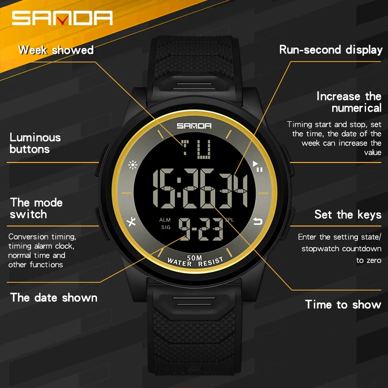 Fashion SANDA Brand Sport Men\'s Watches Multifunction Waterproof Led Digital Watch Men Wristwatch Clock Male Relogio Masculino