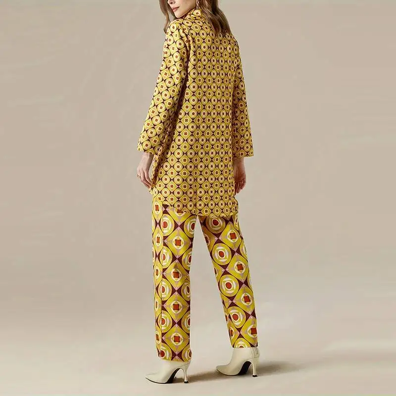 Elegante lapela botão topos conjuntos de pc moda padrão impressão commuter camisa roupas femininas manga casual longo calça terno
