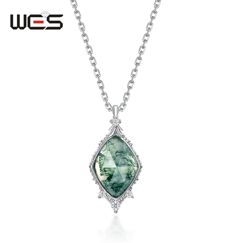 WES 925 Sterling Silver Natural Stone 8*11mm Moss Agate Pendant Necklace for Woman Exquisite Lady Gifts Certified Jewelry