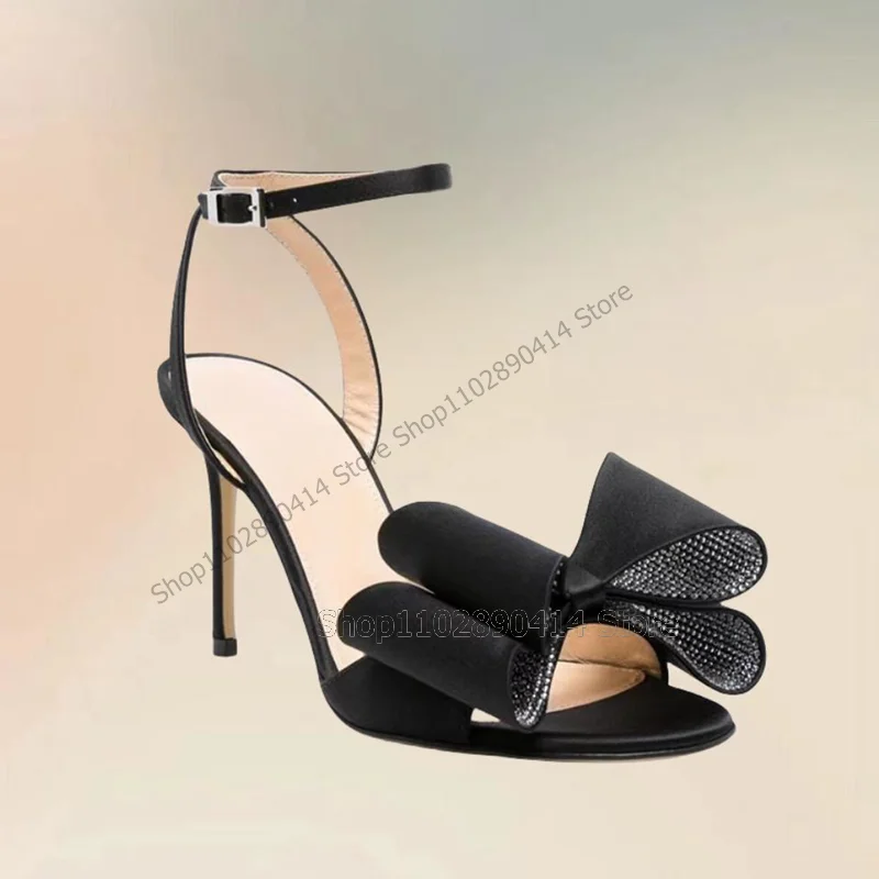 

Black Crystal Bow Knot Decor Open Toe Sandals Ankle Buckle Strap Women Shoes Thin High Heels Fashion 2023 Zapatos Para Mujere