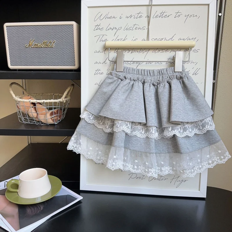 

Children's Outfit New Spring and Autumn Girls' Fashion Gentle Style Puffy Cake Short Skirt Lace Trim Half Skirt
