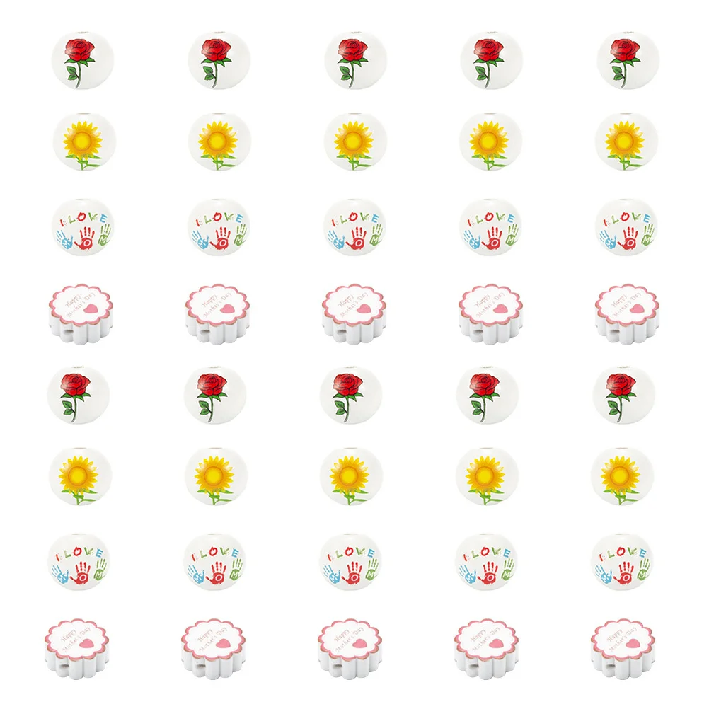 

40pcs Wooden Beads Diy Craft Making Beads Mother'S Day Floral Pattern Wood Round Shaped Garland Diy Supplies For Bracelets