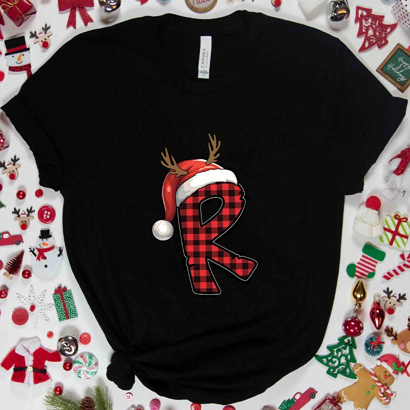 Women’s Xmas Alphabet A-Z Letter Print T-shirt, Casual Holiday Graphic Tee, Santa Christmas Party Y2k Tops for Female Clothing