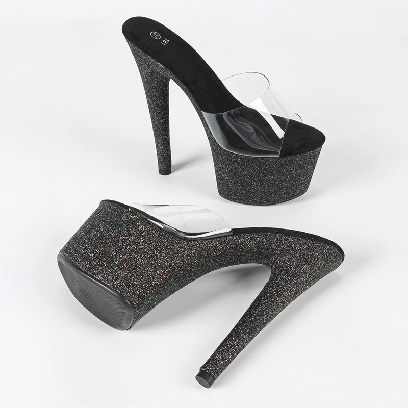 

Aneikeh Fashion Street Style Sequin Cloth PVC Transparent Open Toe Women Slippers Stiletto High Heels Nightclub Stripper Shoes