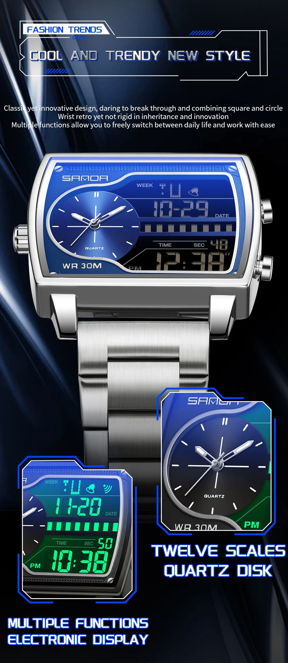 SANDA 6163 Fashion Trend Men's Quartz Watch Fashion Square Watch