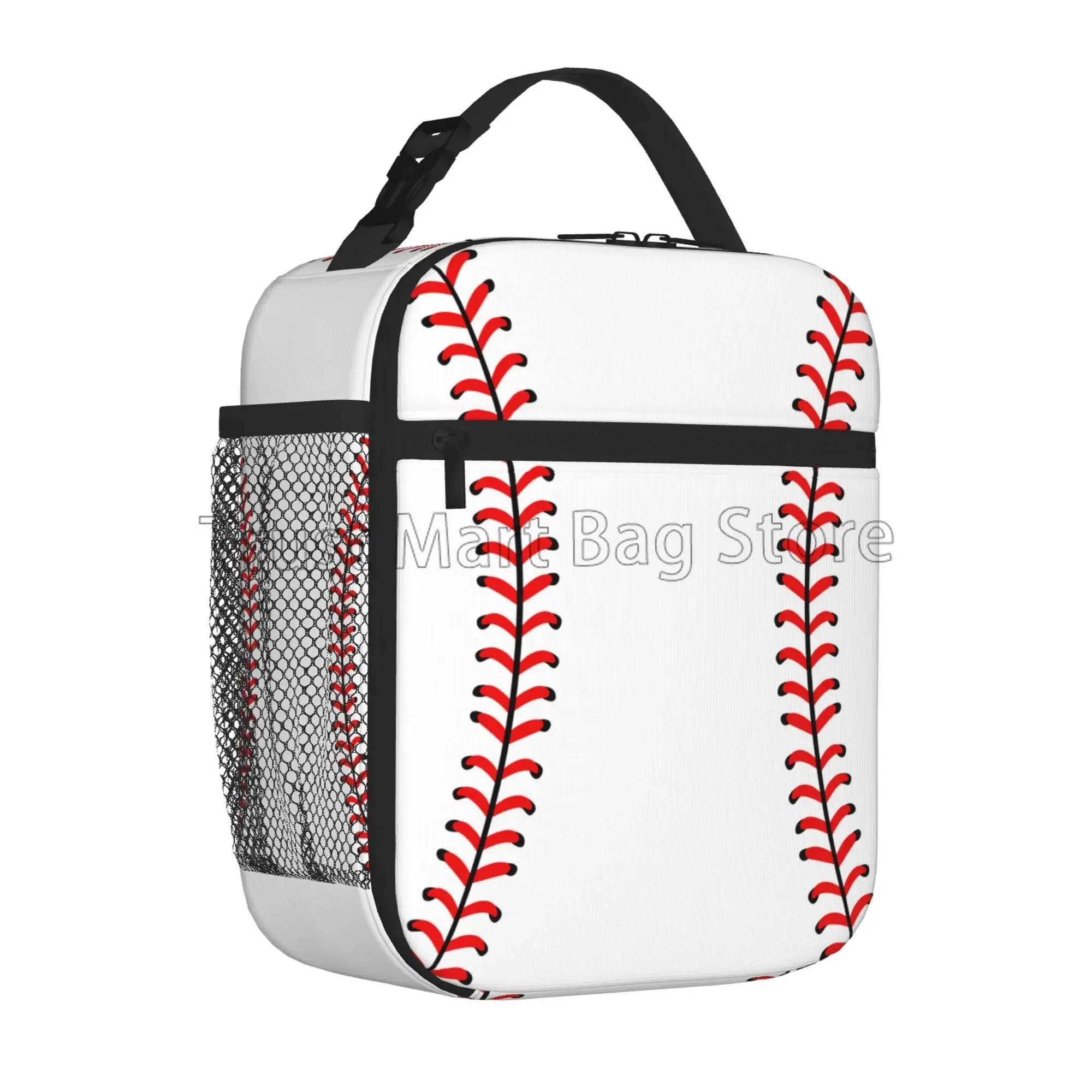 Red Stitching Baseball Sport Insulated Lunch Bag Reusable Thermal Lunch Box Portable Cooler Bento Tote Bags for Women Men Kids