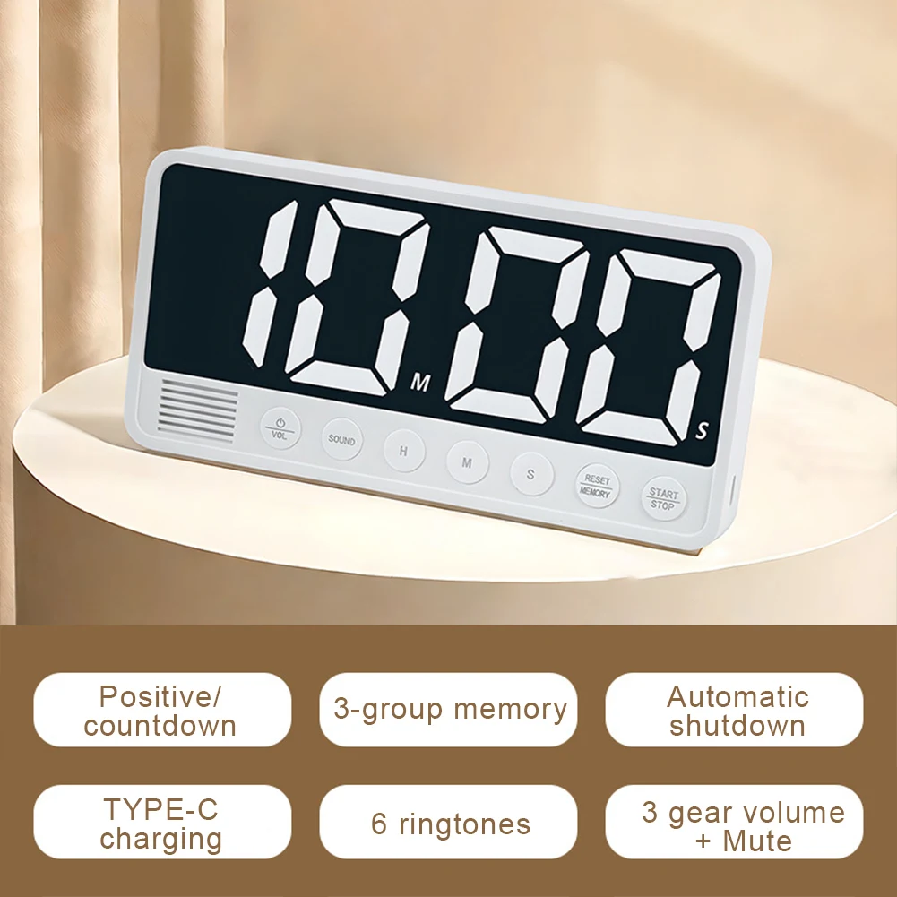 

LED Digital Kitchen Timer Large Screen Countdown Timer Type C Rechargeable Countdown Timers 3 Levels Volume for Cooking Studying
