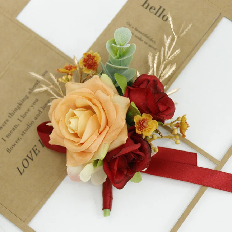 Boutonniere e polso Corsag arancione giallo vino rosso simulazione fiore celebrazione aziendale forniture per matrimoni per gli ospiti 426