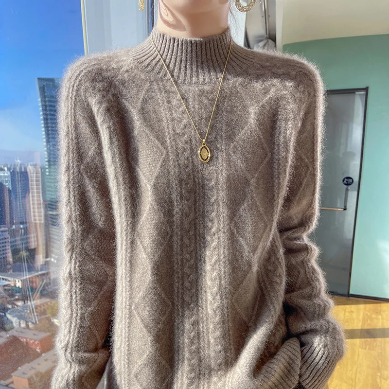 autumn and winter New 100% merino wool women\'s semi-high neck diamond thick twist knitted cashmere sweater loose pullover