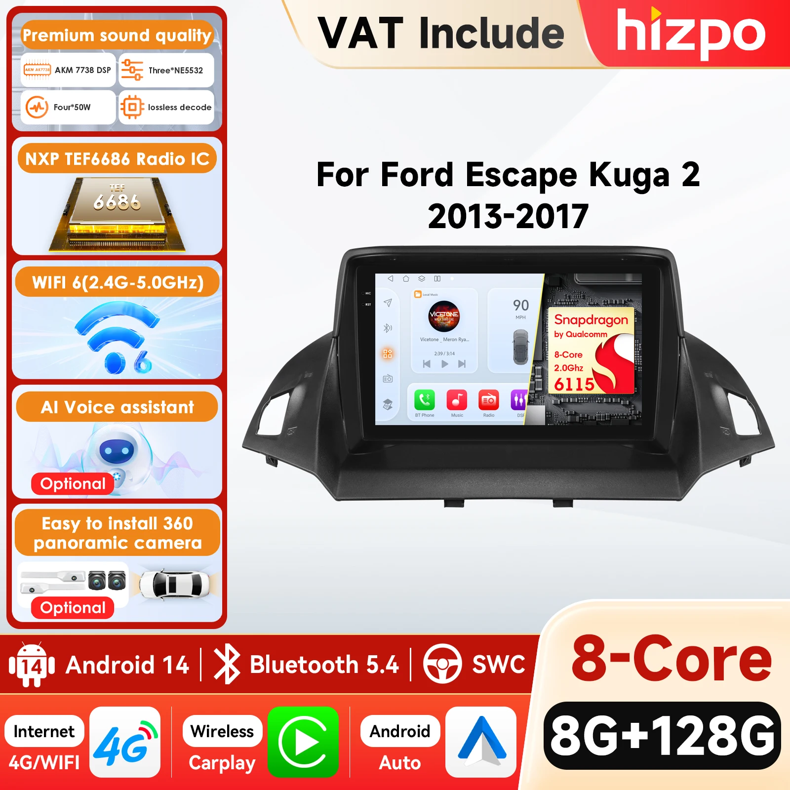 Autoradio multimédia avec lecteur vidéo et navigation Carplay 4G-LTE Android Auto pour Ford Kuga 2 Escape 3 2013 - 2017