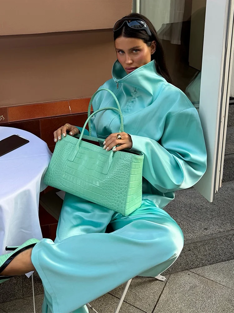 Autumn Women Mint Green Satin 2 Piece Set Stand Collar Zip Front Loose Long Sleeve Blouse Wide Leg Pants Vacation Matching Suit