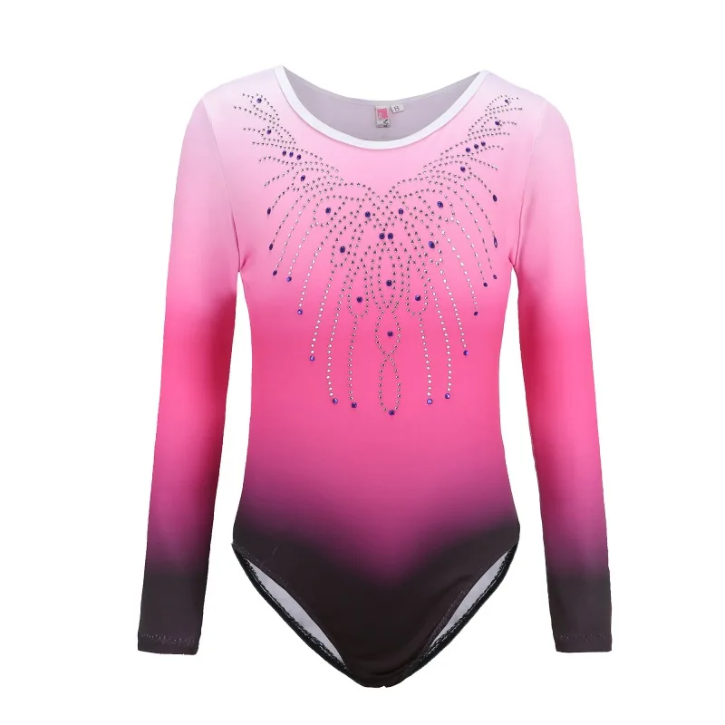 Girls Long Sleeve Diamonds Ballet Leotard Highlights Gradient Color Body Suit Gymnastics Dance Practice Bodysuit