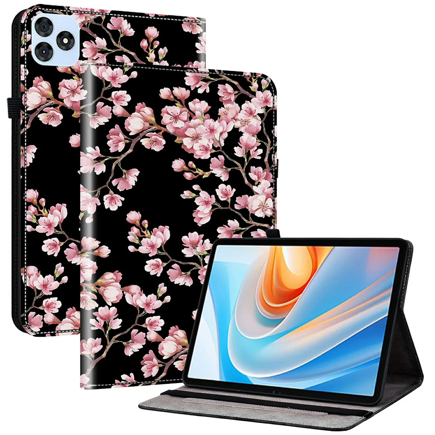 

For itel Vistatab 30 Leather Case Pattern Printed Stand Tablet Cover with Card Slots - Plum Blossom