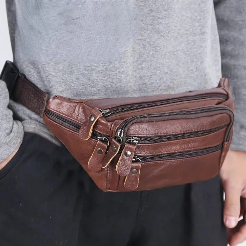 Bolsa de cintura de couro PU impermeável masculina, bolsa telefônica de várias camadas, zíper de grande capacidade, bolsa, na moda