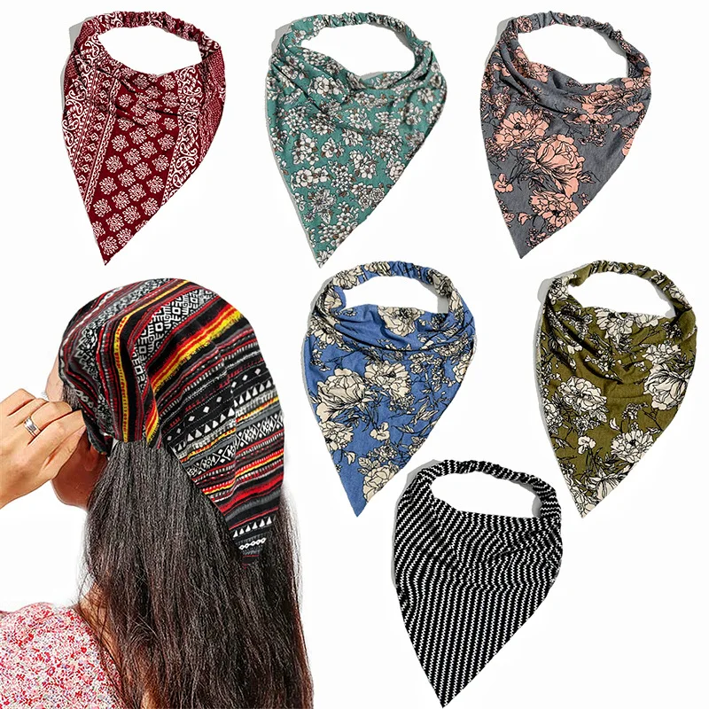 Exquisite Floral Striped Fabric Headscarf Women's Elegant Elastic Triangular Scarf Fashionable and Versatile Hair Accessory