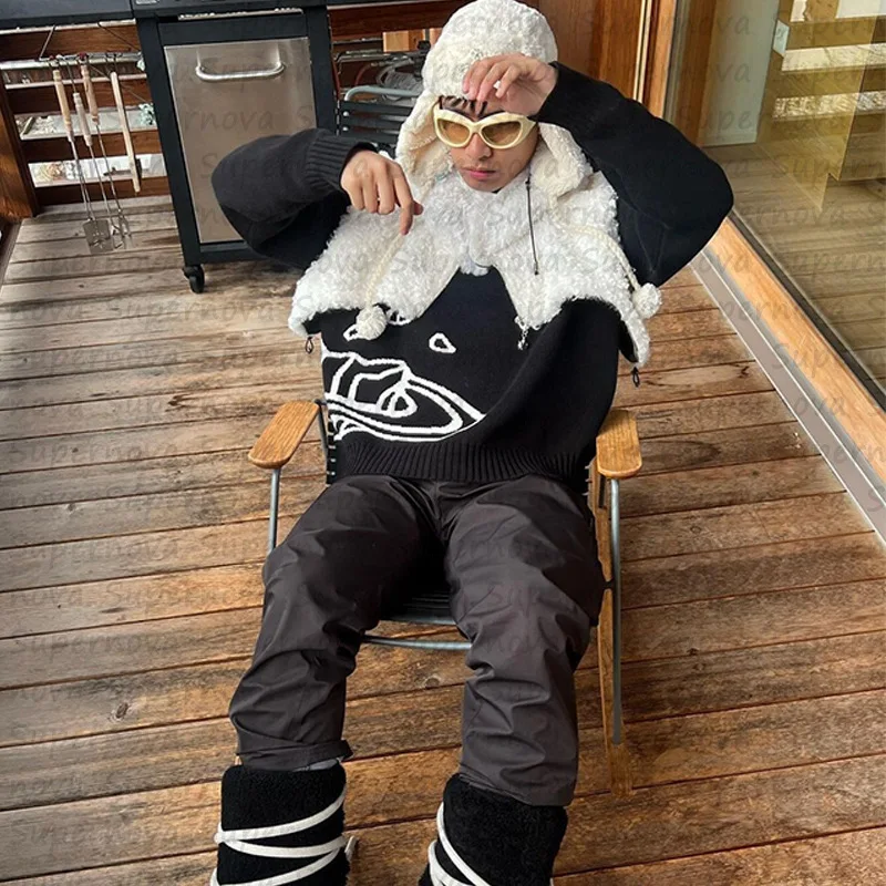 새로운 따뜻한 풀오버 니트 스웨터, 개인화되고 트렌디한, 캐주얼 긴팔 탑 남성 여성 블랙 따뜻한 탑 루즈하고 편안한