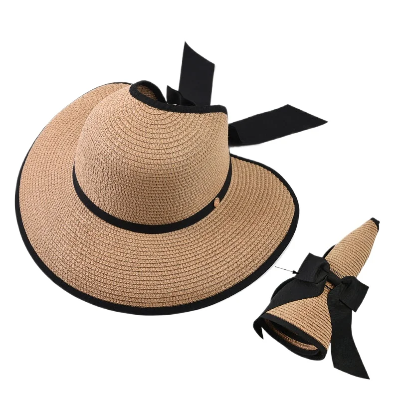 Lente Zomer Lege Top Ronde Zonnehoeden voor Dames Elegante Opvouwbare Brede Grote Rand Strand Strohoed - afbeelding 2