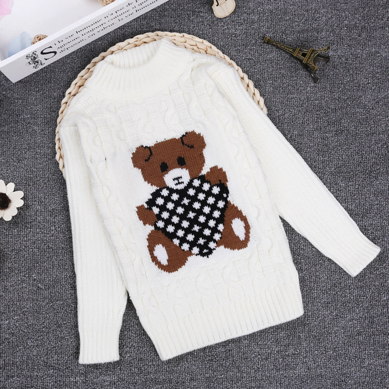 3-8 Years Warm Cute Winter Boys Girls Sweater Cartoon Bear Knitted Bottoming Turtleneck 2024 Children Birthday Present Sweaters