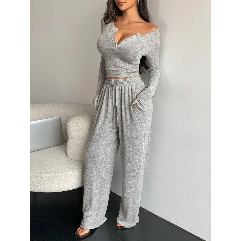 

Suitable for all four seasons Long pants set Long-sleeved buttoned pure color fitted top Extended pants Two-piece European style