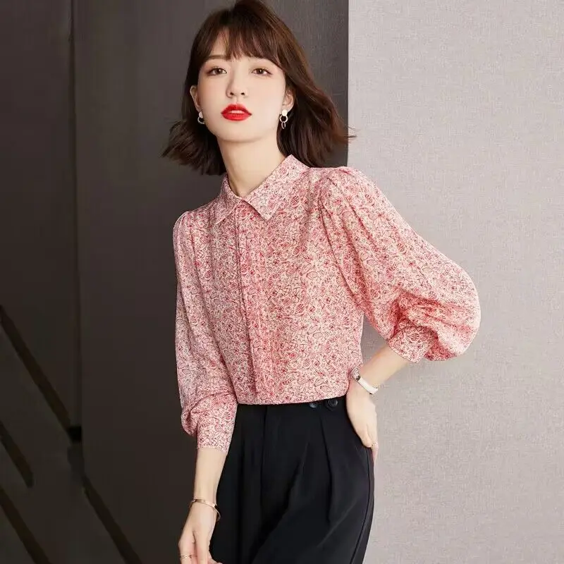 Fashion Pink Printing Single-breasted Blouse Women Classic Lantern Sleeve Casual Polo Collar Elegant Office Chiffon Lady Shirt