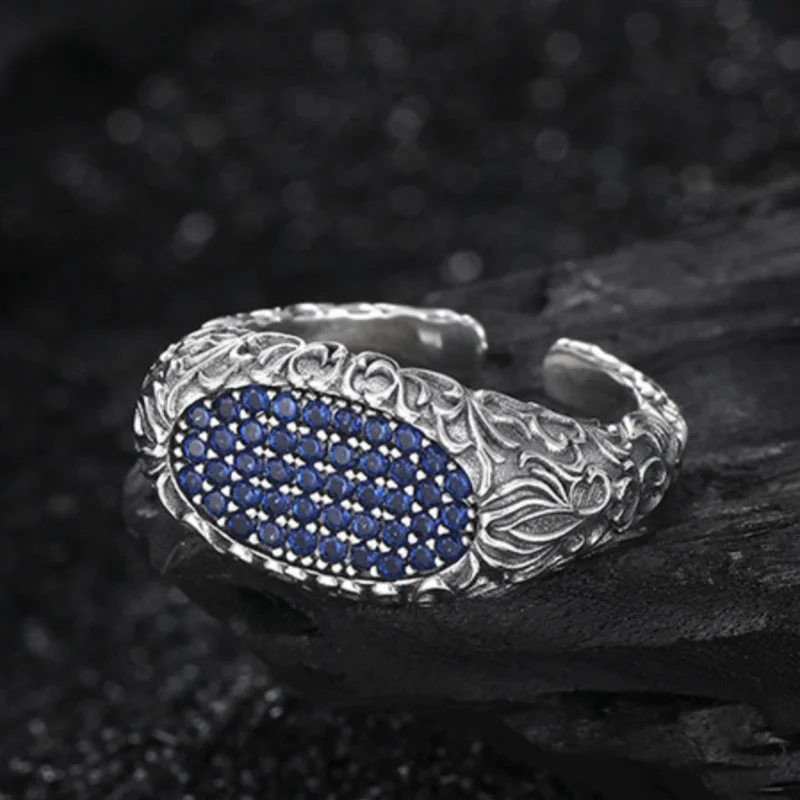 S925 Sterling Silver Rings for Women New Fashion Relief Eternal Rattan Pattern Micro Inlaid Blue Zircon Jewelry