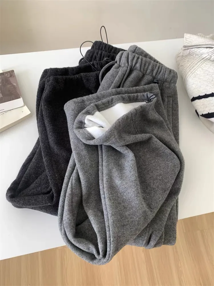 American Style Retro Fleece Lined Cuffed Warm Casual Pants Two Wear Autumn Winter New Wide Leg Sports Long Trousers
