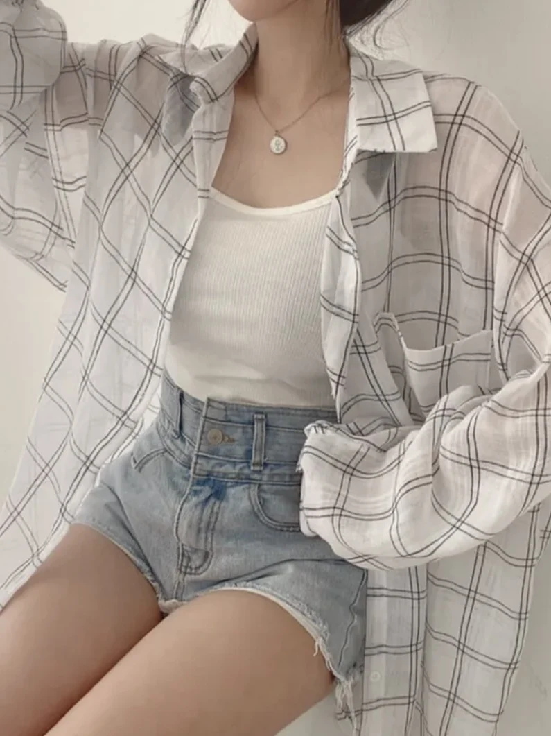 Csa de Proteção Solar Estilo Casual de Verão, Solta e Leve, de Manga Longa, Estampa Xadrez, Moda Fena para Escritório