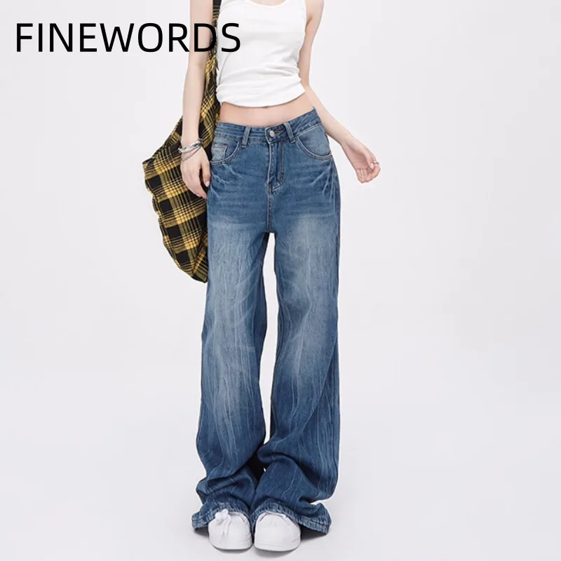 

FINEWORDS Vintage Y2K Washed Blue Baggy Jeans Women Harajuku High Waist Jeans Streetwear Punk Korean Casual Wide Leg Denim Pants