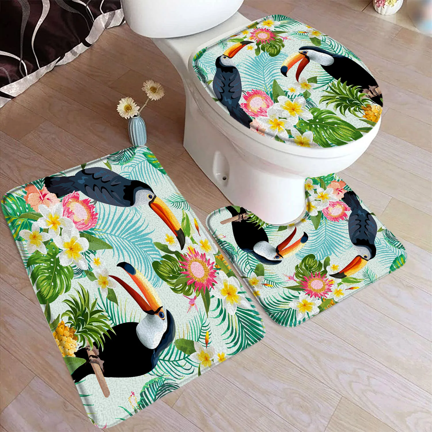 Tropical Leaves Bath Mat Set Palm Leaf Monstera Plnat Floral Home Carpet Flannel Bathroom Decorative Floor Rugs Toilet Lid Cover