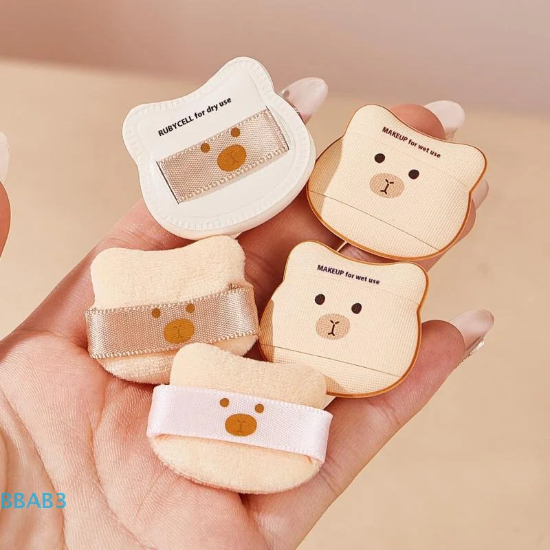 【B】5 PCS/box Cute Bear Powder Puff Set Soft Comfortable Flocking Wet & Dry Use Sponge Mini Fingertip Puff For Makeup Application