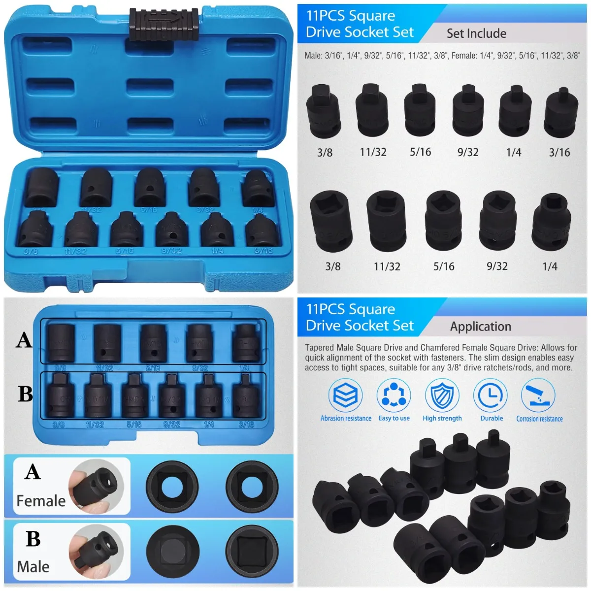 

11 шт., набор головок для ударных бит с приводом 3/8 дюйма, конический квадратный привод с наружной резьбой, квадратный привод с фаской