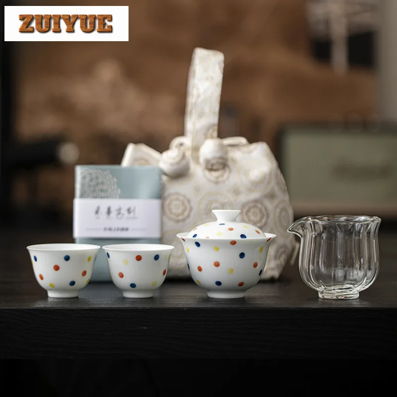 

Hand-painted Polka Dot Travel Tea Set Kit Boutique 1 Pot 2 Cups Household Tea Making Organizer Portable Outdoor Handbag Gift