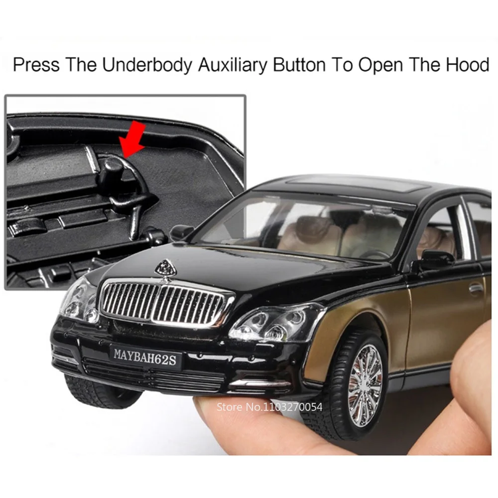 1/24 Maybach 62S Model Car Toy Diecast Alloy Vehicle 6 Door Opened Metal Body Rubber Tire Sound Light Pull Back Toy Gift for Kid