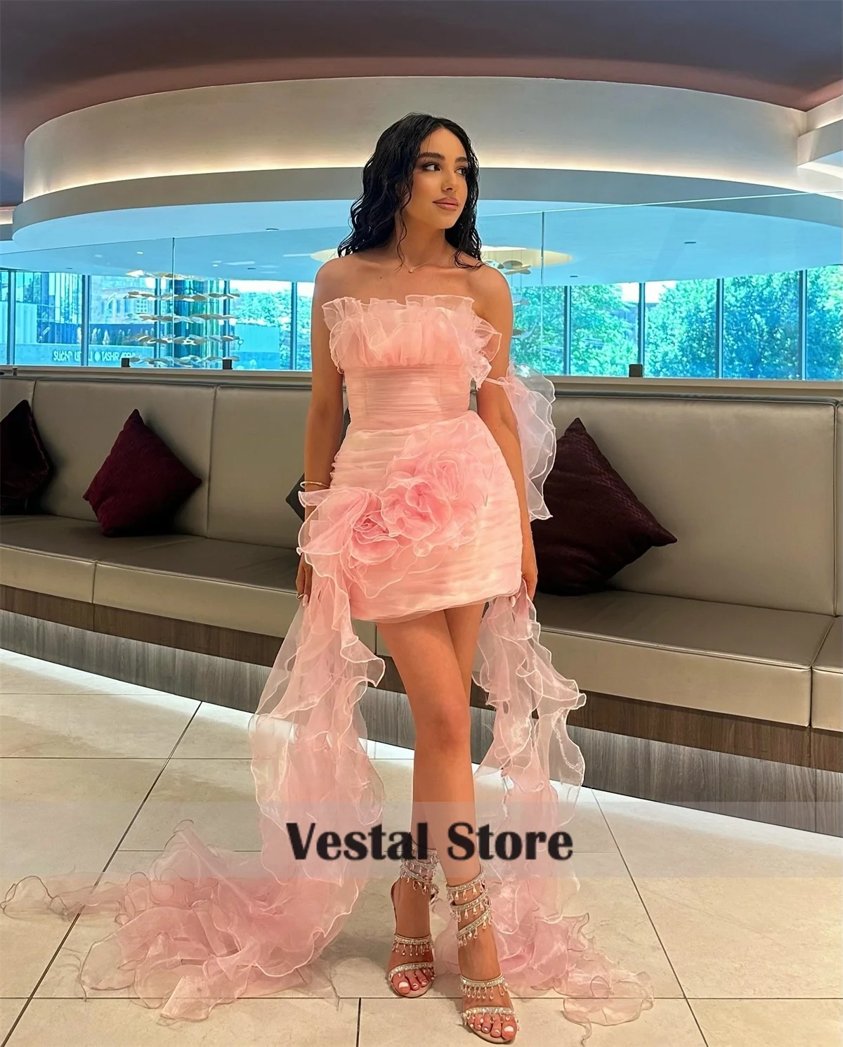 Vestal Dreamy Strapless Homecoming Dress Ruched Mini Dress 3D Flower Organza Ruffle Train Cocktail Party Gown Customized
