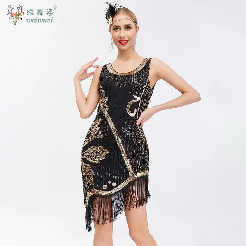 

1920s Vintage Gatsby Cocktail Party Elegant U-shaped Collar Studded Tassel Evening Dress Plus Slim Fit Sequin Short Dress