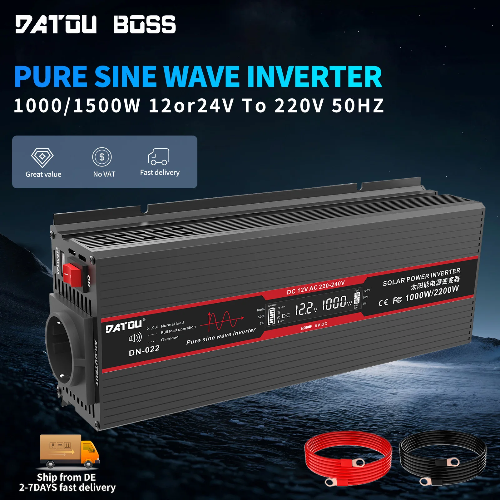 DATOUBOSS DNG Pure Sine Wave Inverter 12V/24V 1000W 1500W to AC 220V 50HZ Car Power Bank Converter Solar Inverter Fast Delivery