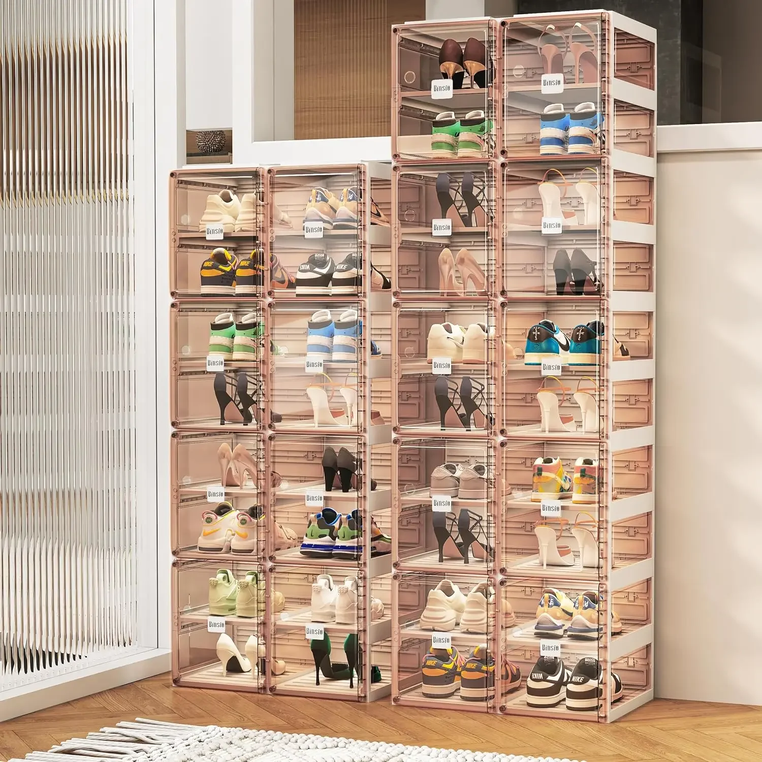 

shoe cabinet with door, one piece portable storage rack, easy to assemble, plastic clear box, foldable storage cabinet