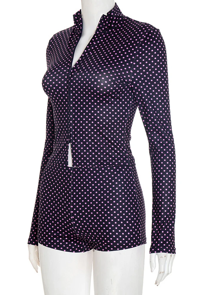Kricesseen Giacca da donna con cerniera frontale stampata a pois Top e pantaloncini Set Abiti da vacanza Set di co-ordine per ragazze carine Abiti da night club