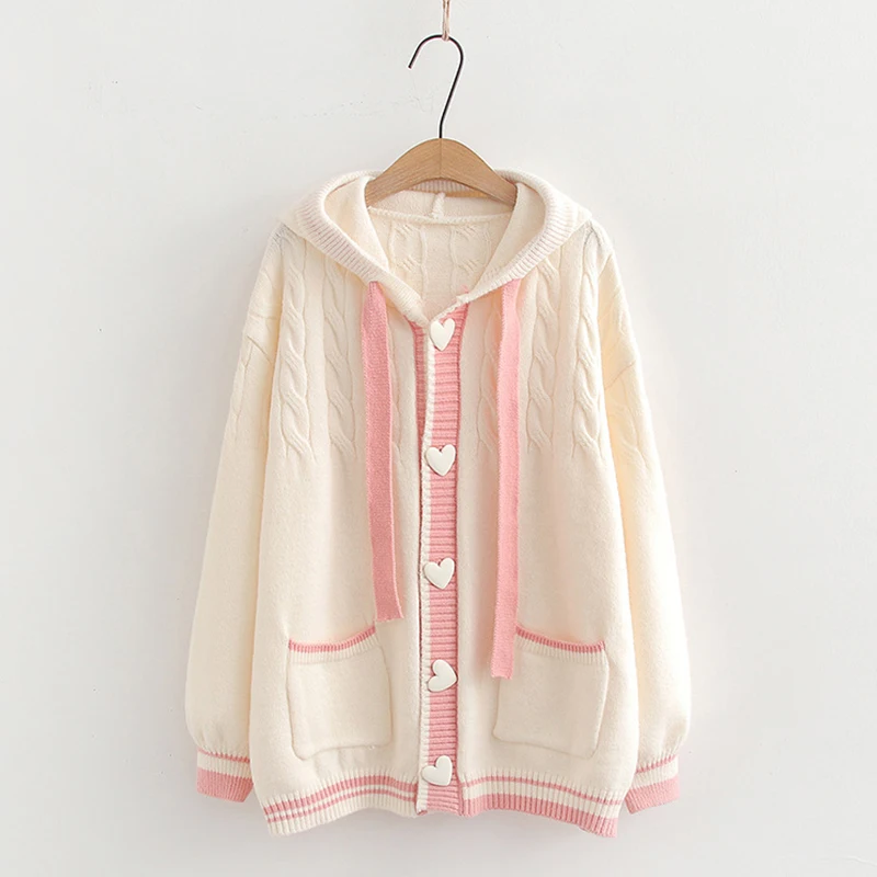 Spring Autumn White Pink Hooded Pullovers Women Clothing Japanese Mori Girl Sweaters Loose Knitting Sweet Cardigan Sweater U392