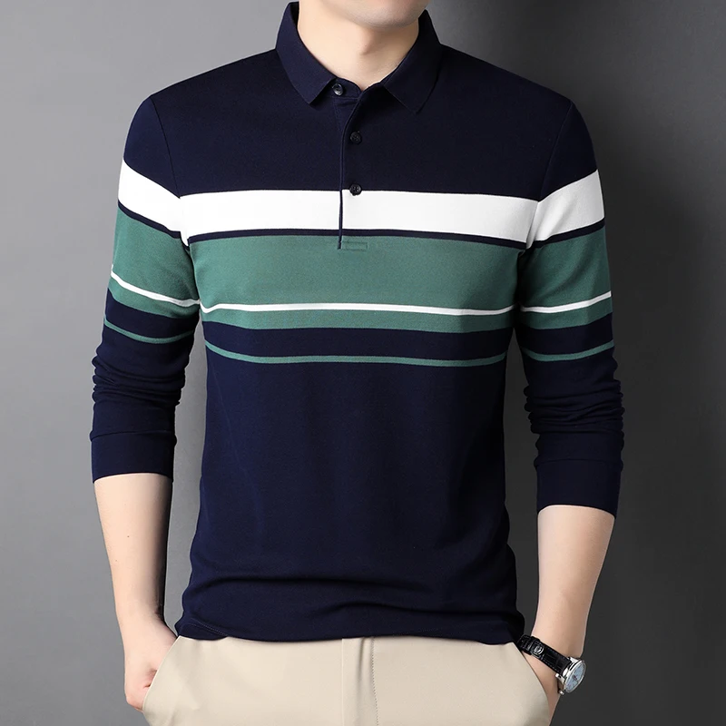 

Spring and Autumn 100% Cotton Mens Polo Shirts High Quality Long Sleeve Wide Stripe Business Casual Male Tops camisas 3XL