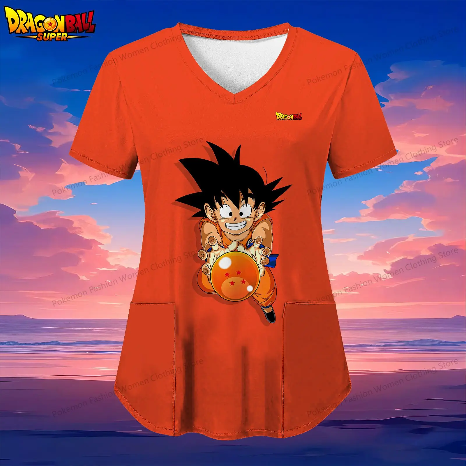 

Pocket Kakarotto Women's V Neck Nurse Uniform T-Shirt Dragon Ball 2024 Short Sleeve Tee Summer Woman Clothing Tops Street Wear