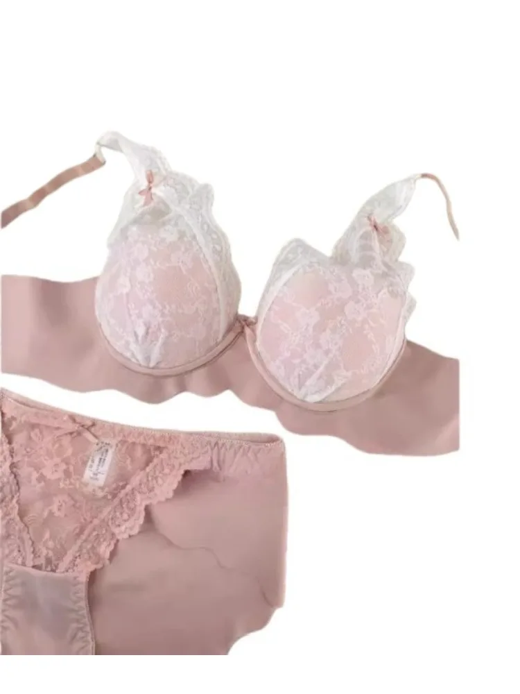 Damen-BH-Set mit Spitze und Push-up-Effekt für kleine Brüste – Heben und vergrößern, Anti-Durchhängen, Bügel, bequeme, verstellbare Dessous, französischer Stil