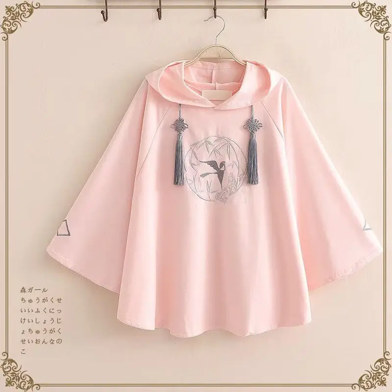 New Cute Chinese Style Embroidery Sweatshirt Spring And Autumn Coat Cape Girl Loose Long Sleeve Top Hooded Hoodie For Women New