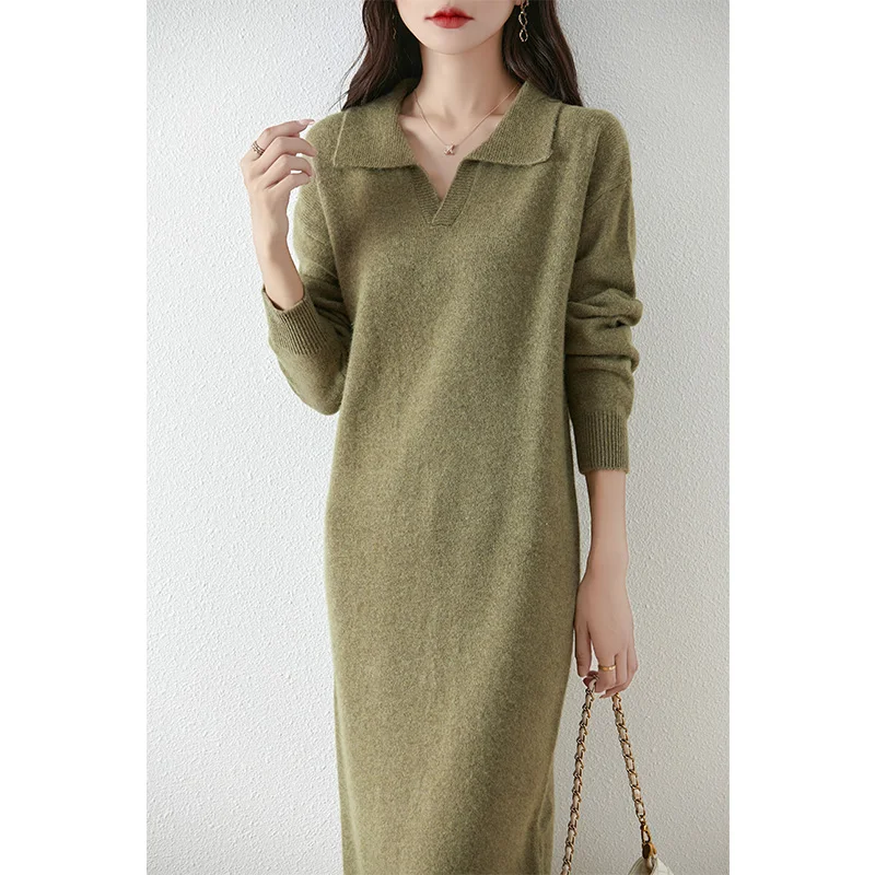 100% merino wool women's knitted dress, casual, fashionable, polo collar, loose, warm, 2024 autumn and winter new style