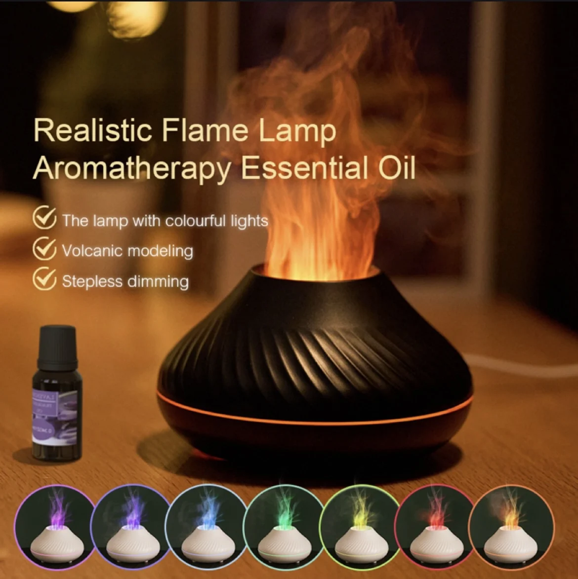 

Volcanic Aroma Diffuser Essential Oil Lamp 130ml USB Portable Air Humidifier with Color Flame Night Light